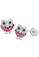 lovely silver red cz owl baby screw back baby earrings